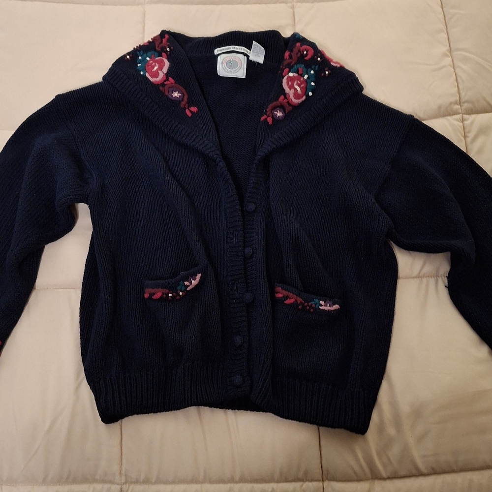 Cape Isle Knitters Navy Blue Knitted Cardigan with Floral Embroidery